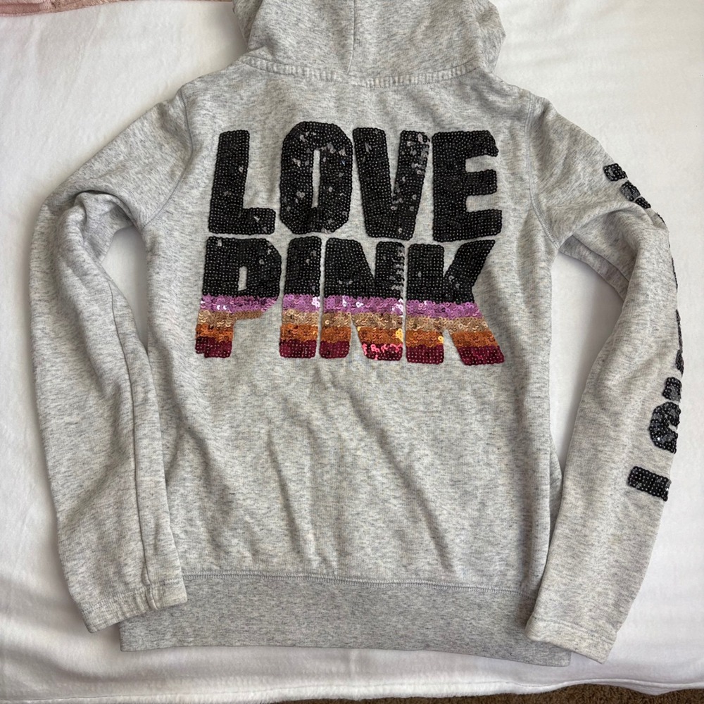 Y2k Victoria's Secret PINK Heather Gray Sequin Love Pink Full Zip Hoodie XS
